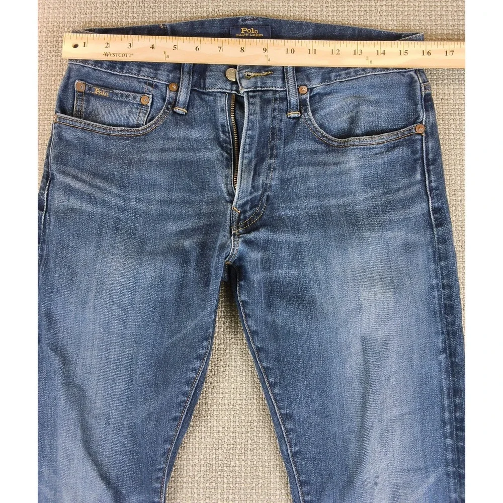 Polo Ralph Lauren Varick Slim Straight Jeans Men Blue Distressed Faded Wash